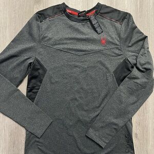 0010–Spyder Men's Heather Charcoal Long-Sleeve Performance Top with Red Logo